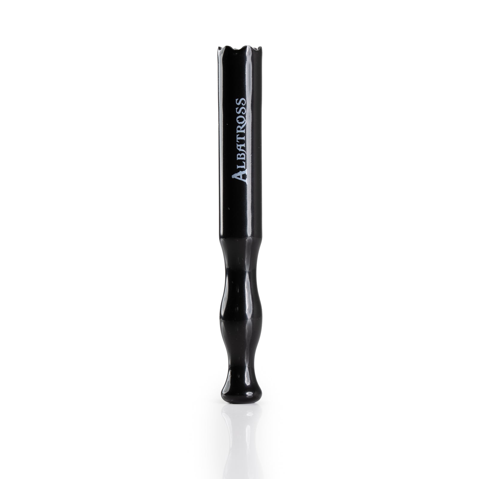 Black ceramic Albatross one-hitter pipe, front view on white background