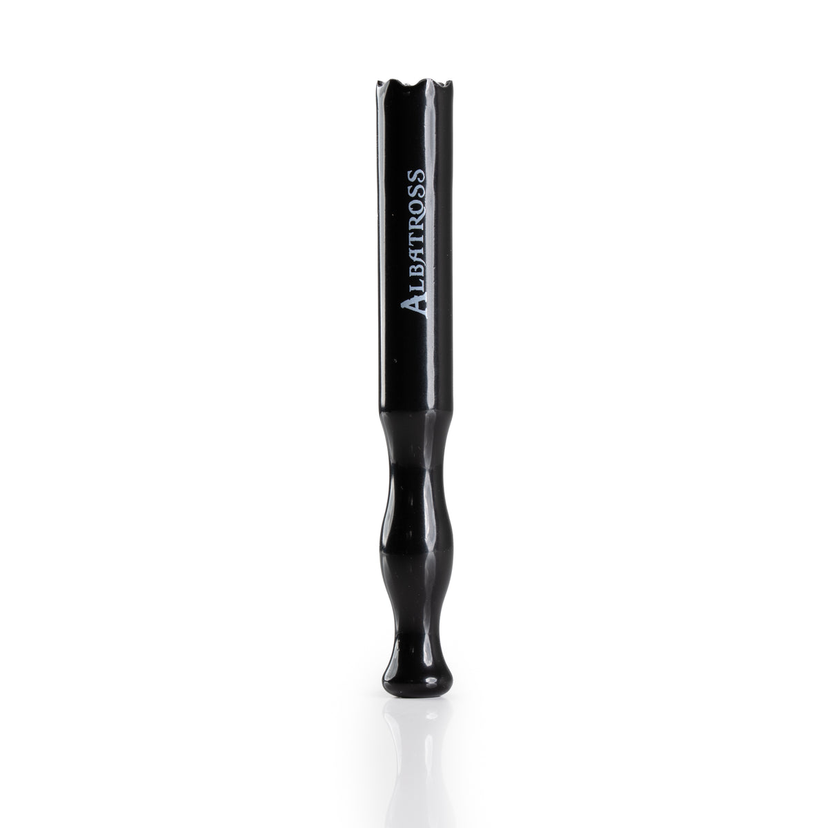 Black ceramic Albatross one-hitter pipe, front view on white background
